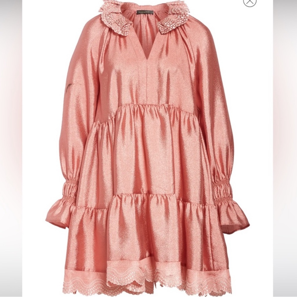 Stine Goya Tiered Daki Shiny Lame Cloque Dress Pink Ruffle Collar - Size small